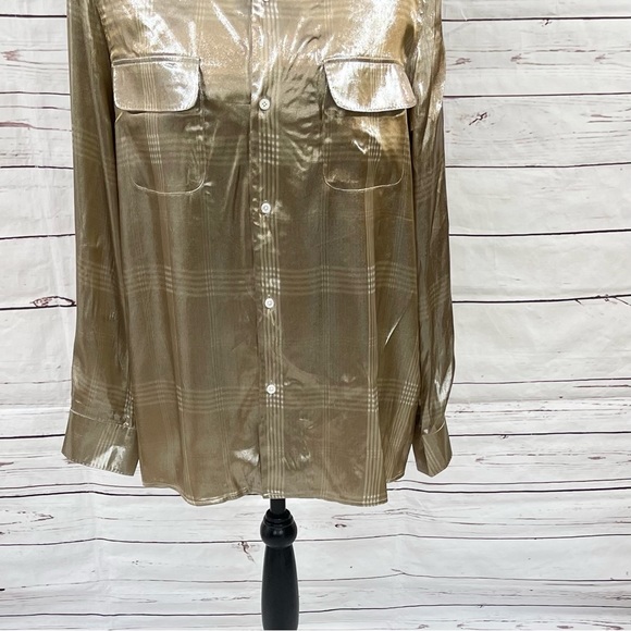 Ralph Lauren Purple Label Shirt Womens Size 10 Taupe Sequin Plaid Silk Blend - Picture 3 of 14
